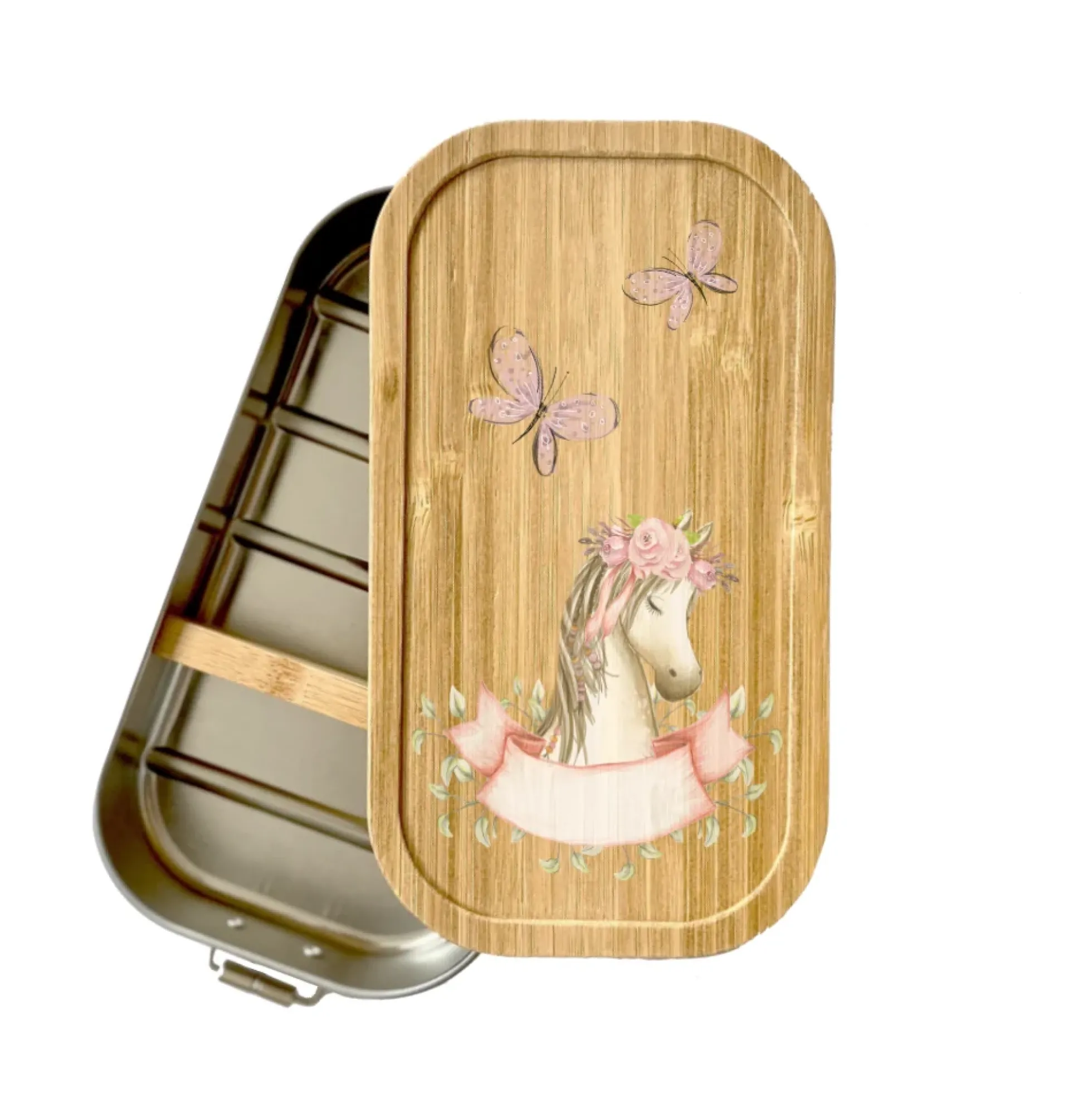 Trinkflasche mit Pony u. Namen für Kinder | Personalisiertes Geschenk für Mädchen u. Jungen mit Pferd | 500 ml Isolierflasche aus Edelstahl mit Bambusdeckel | Als Set verfügbar mit Brotdose