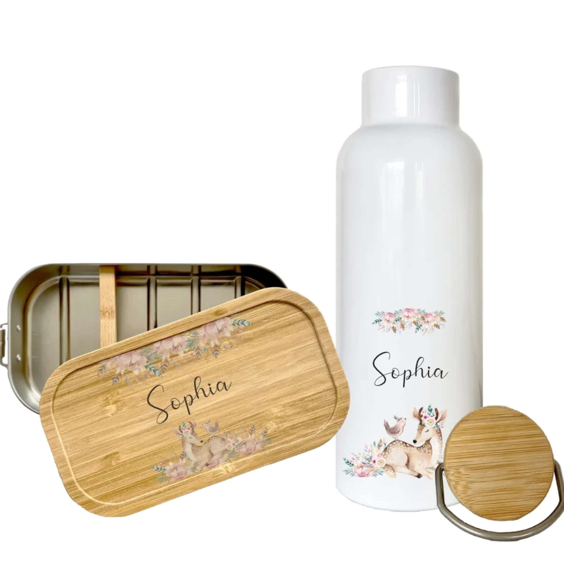 Trinkflasche mit Rehkitz u. Namen für Mädchen | Personalisiertes Geschenk für Kinder | 500 ml Isolierflasche aus Edelstahl mit Bambusdeckel | Als Set verfügbar mit Brotdose