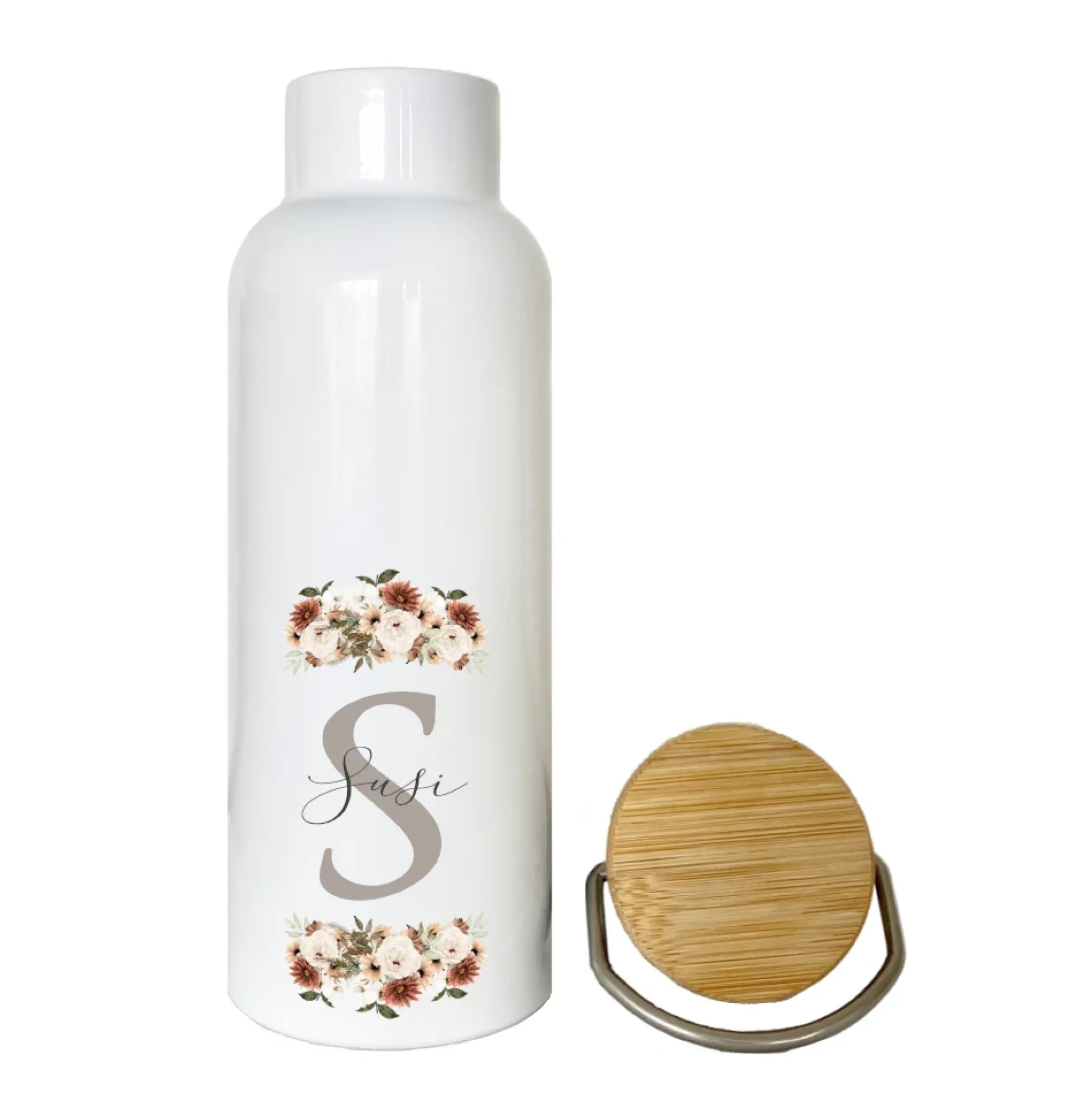 Trinkflasche "Monogram" mit Namen | Personalisiertes Geschenk mit Namen und Buchstaben | 500 ml Isolierflasche aus Edelstahl mit Bambusdeckel | Als Set verfügbar mit Brotdose