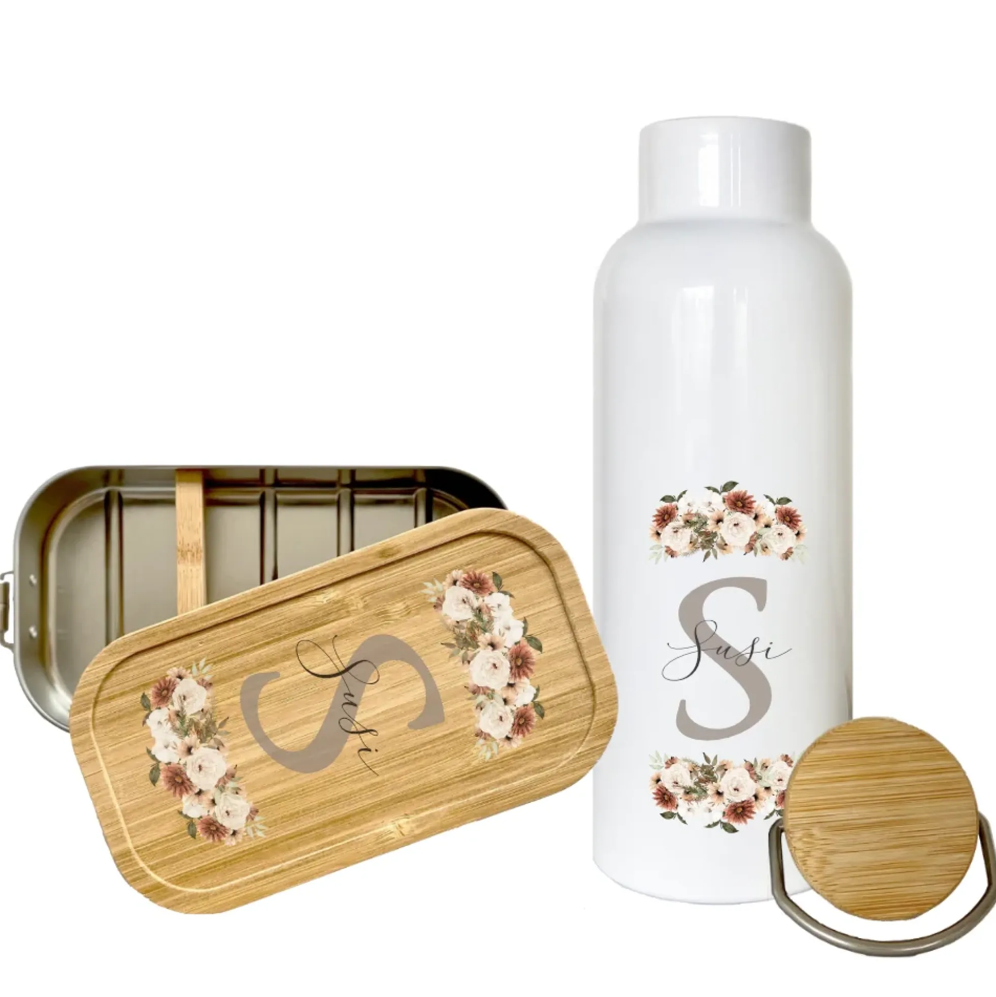 Trinkflasche "Monogram" mit Namen | Personalisiertes Geschenk mit Namen und Buchstaben | 500 ml Isolierflasche aus Edelstahl mit Bambusdeckel | Als Set verfügbar mit Brotdose