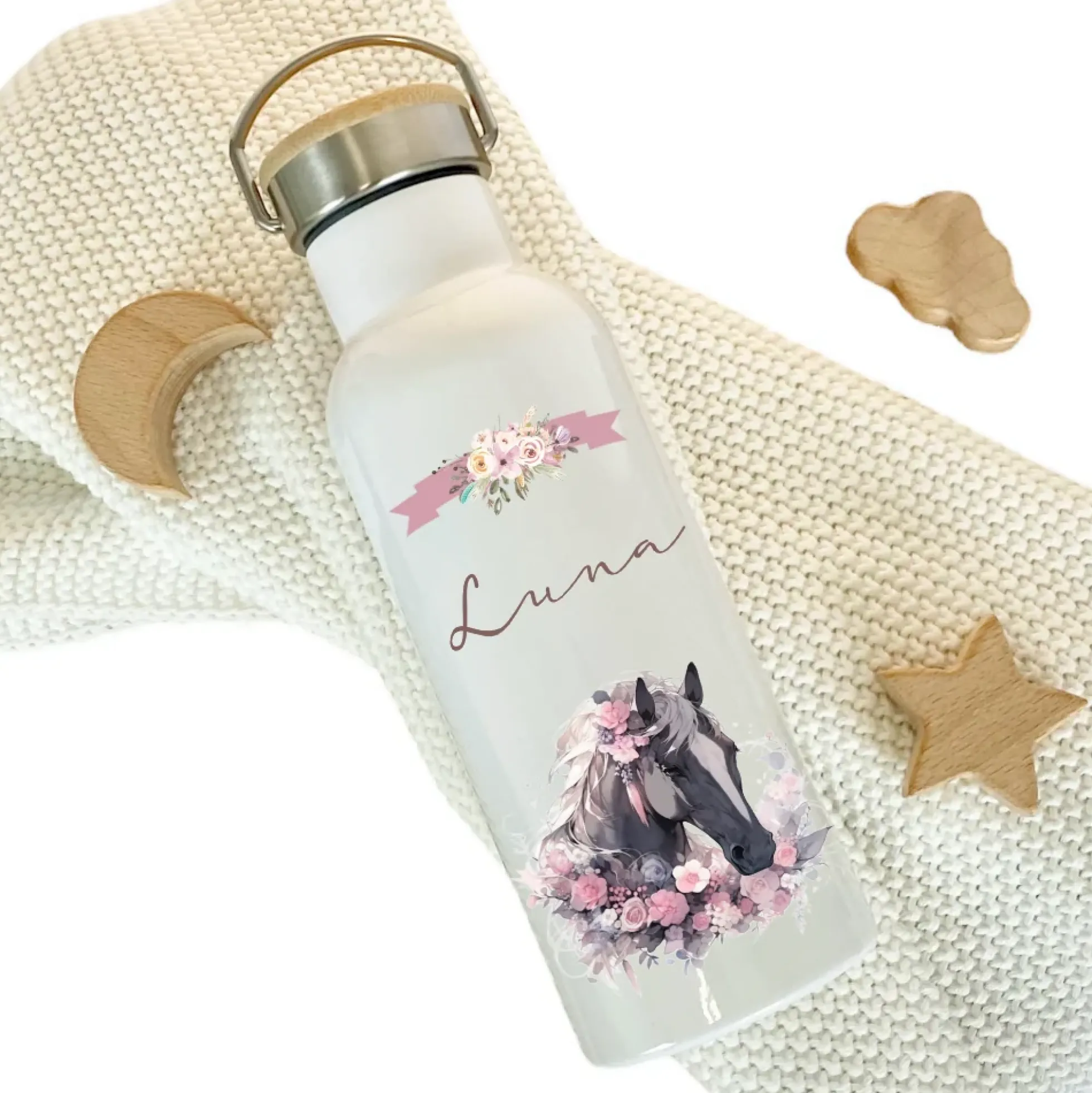 Trinkflasche "Pferd" für Kinder mit Namen personalisiert | Thermosflasche aus Edelstahl mit Bambusdeckel für Mädchen Teenager | 500ml
