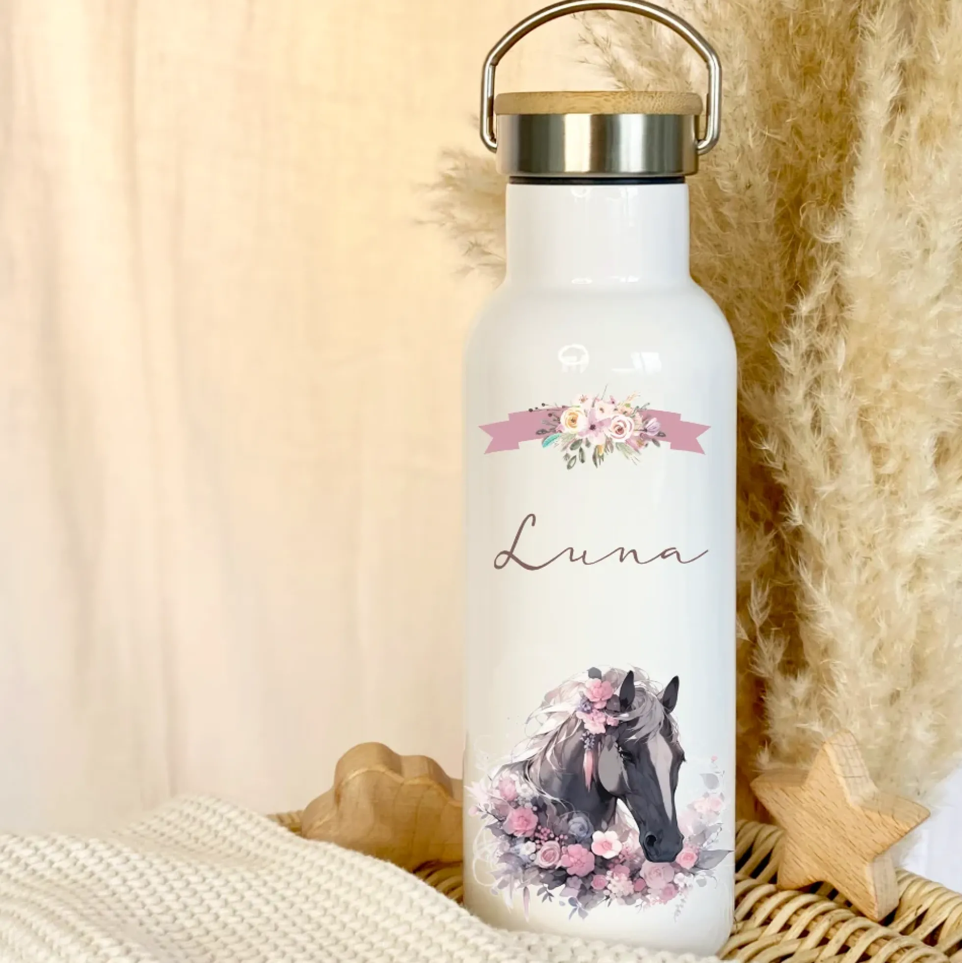 Trinkflasche "Pferd" für Kinder mit Namen personalisiert | Thermosflasche aus Edelstahl mit Bambusdeckel für Mädchen Teenager | 500ml
