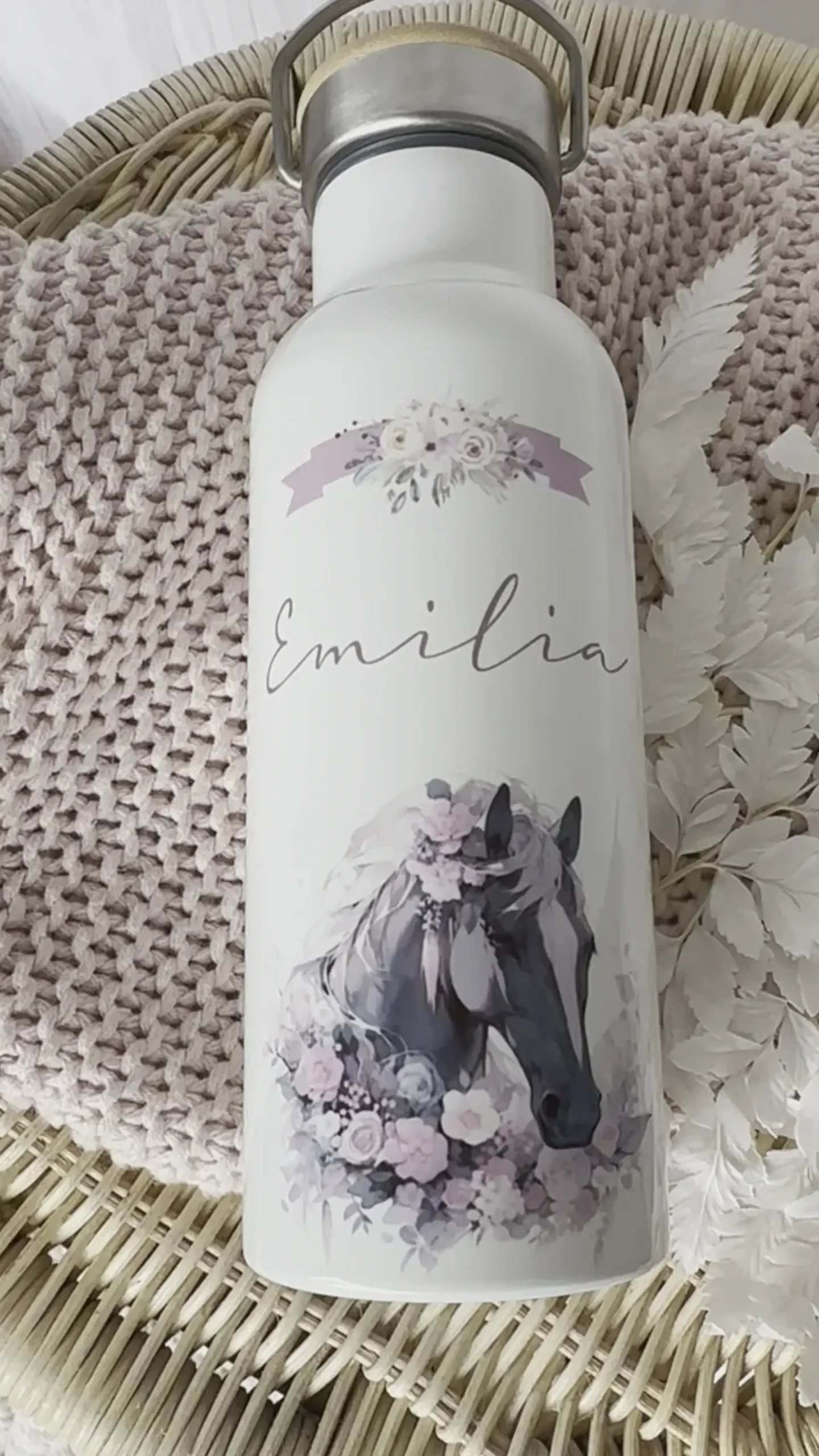 Trinkflasche "Pferd" für Kinder mit Namen personalisiert | Thermosflasche aus Edelstahl mit Bambusdeckel für Mädchen Teenager | 500ml