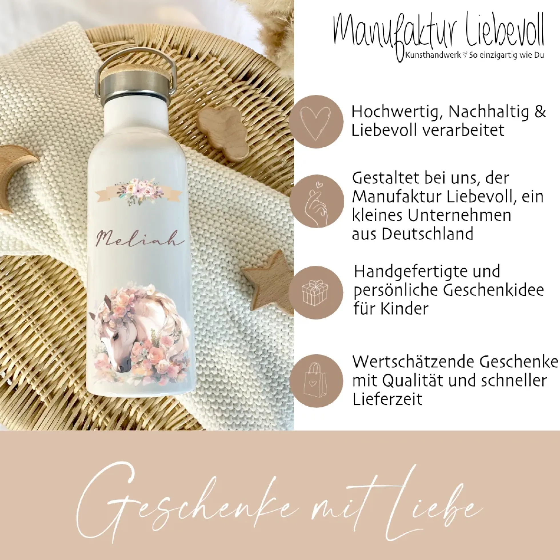 Trinkflasche "Pony" für Kinder mit Namen personalisiert | Pferde Thermosflasche aus Edelstahl mit Bambusdeckel für Mädchen Teenager | 500ml