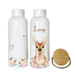 Trinkflasche "Rehkitz" mit Namen für Kinder personalisiert | Kindertrinkflasche Bambi für Mädchen | Thermosflasche aus Edelstahl | 500ml | 11 Motivvarianten zur Auswahl