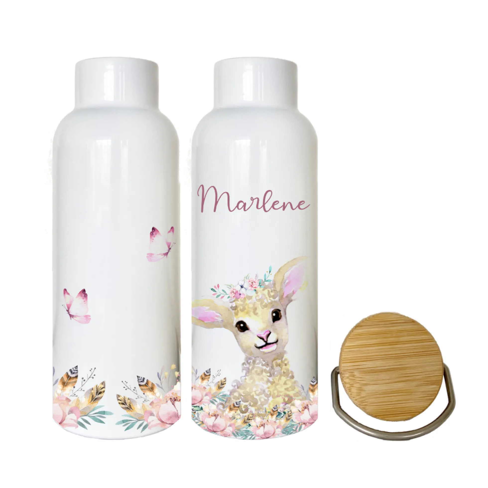 Trinkflasche "Schaf" mit Namen für Kinder personalisiert | Kindertrinkflasche für Mädchen mit Tiermotiv | Thermosflasche aus Edelstahl | 500ml | 11 Motivvarianten zur Auswahl