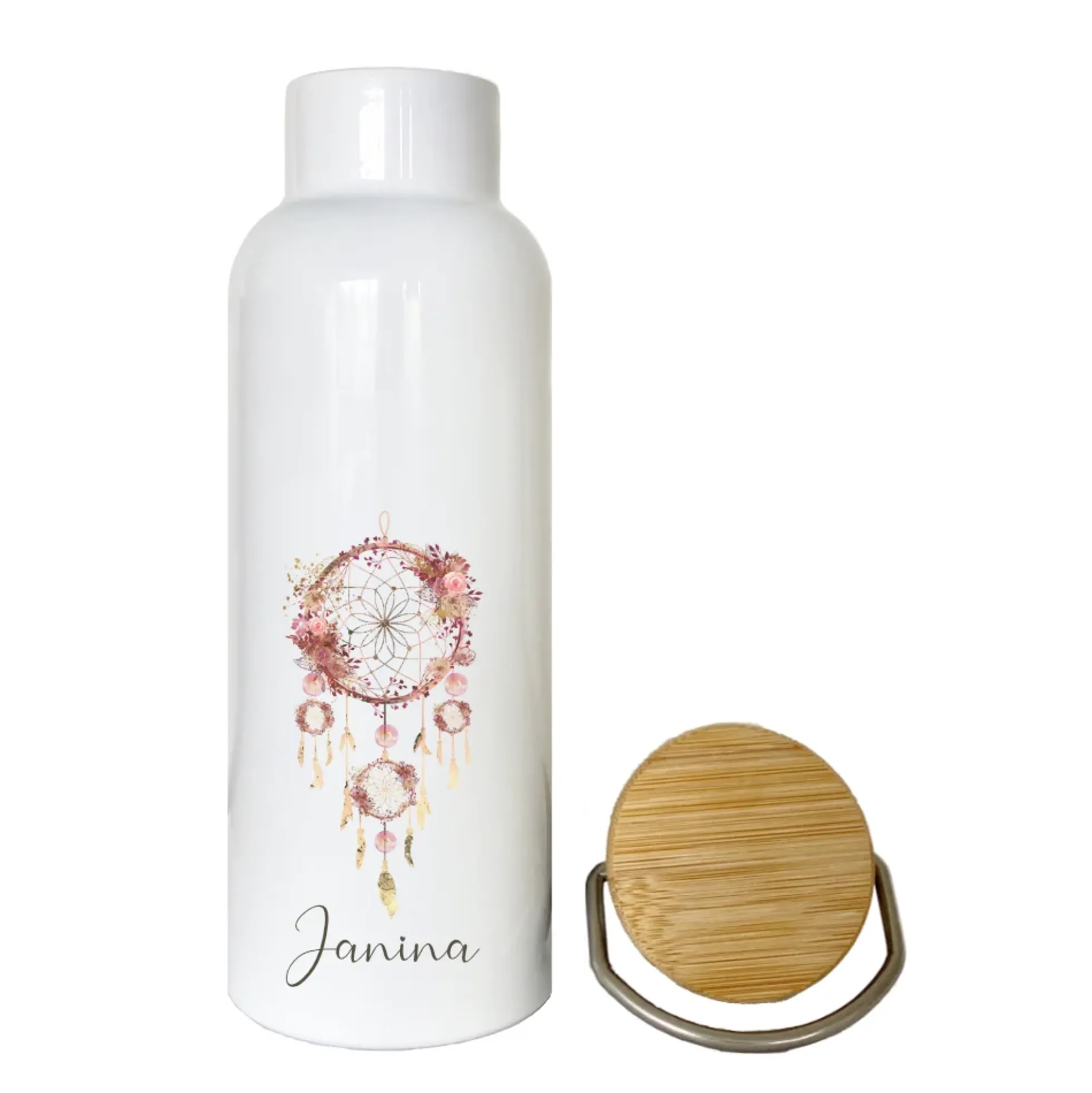 Trinkflasche "Traumfänger" mit Namen | Personalisiertes Geschenk | 500 ml Isolierflasche aus Edelstahl mit Bambusdeckel | Als Set verfügbar mit Brotdose