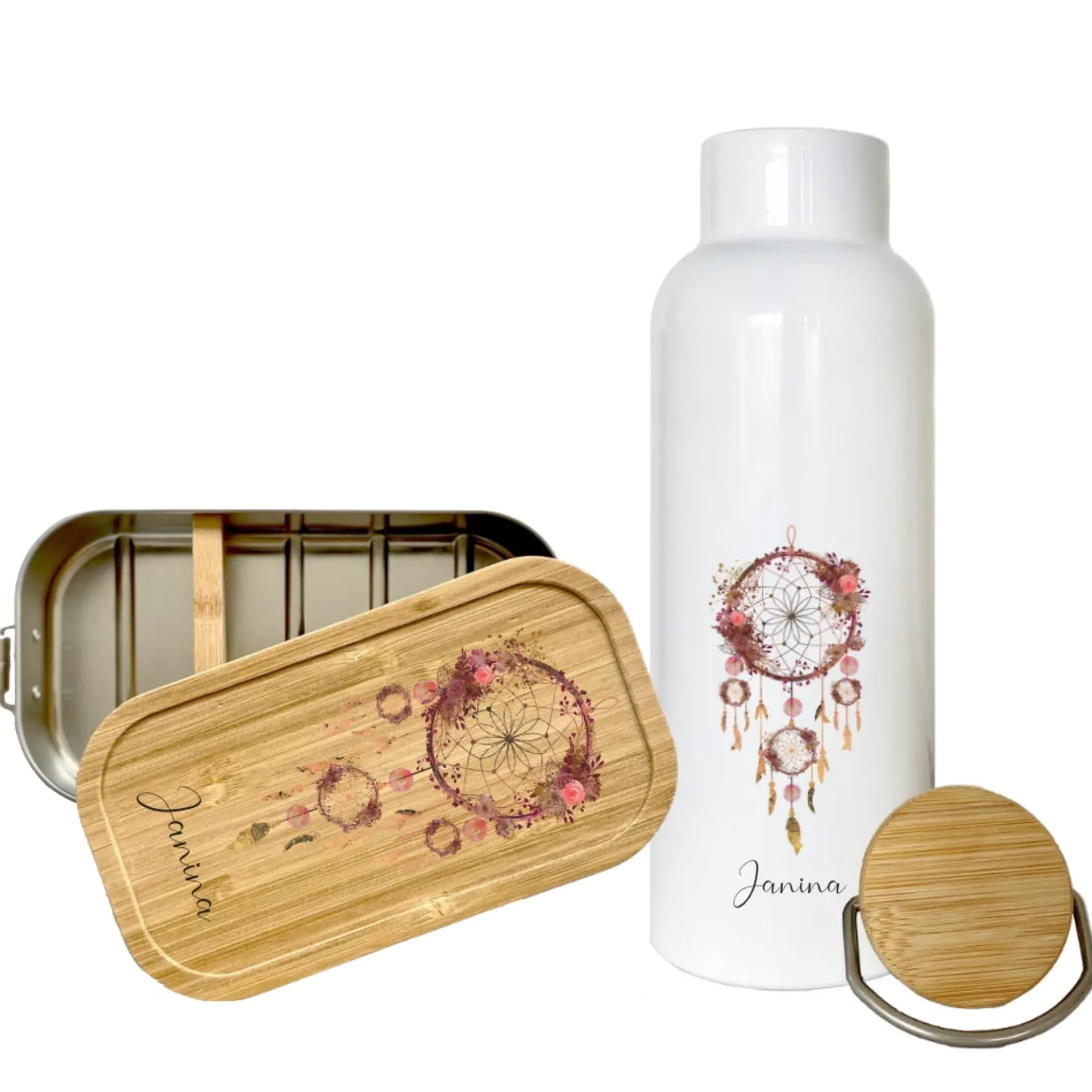 Trinkflasche "Traumfänger" mit Namen | Personalisiertes Geschenk | 500 ml Isolierflasche aus Edelstahl mit Bambusdeckel | Als Set verfügbar mit Brotdose