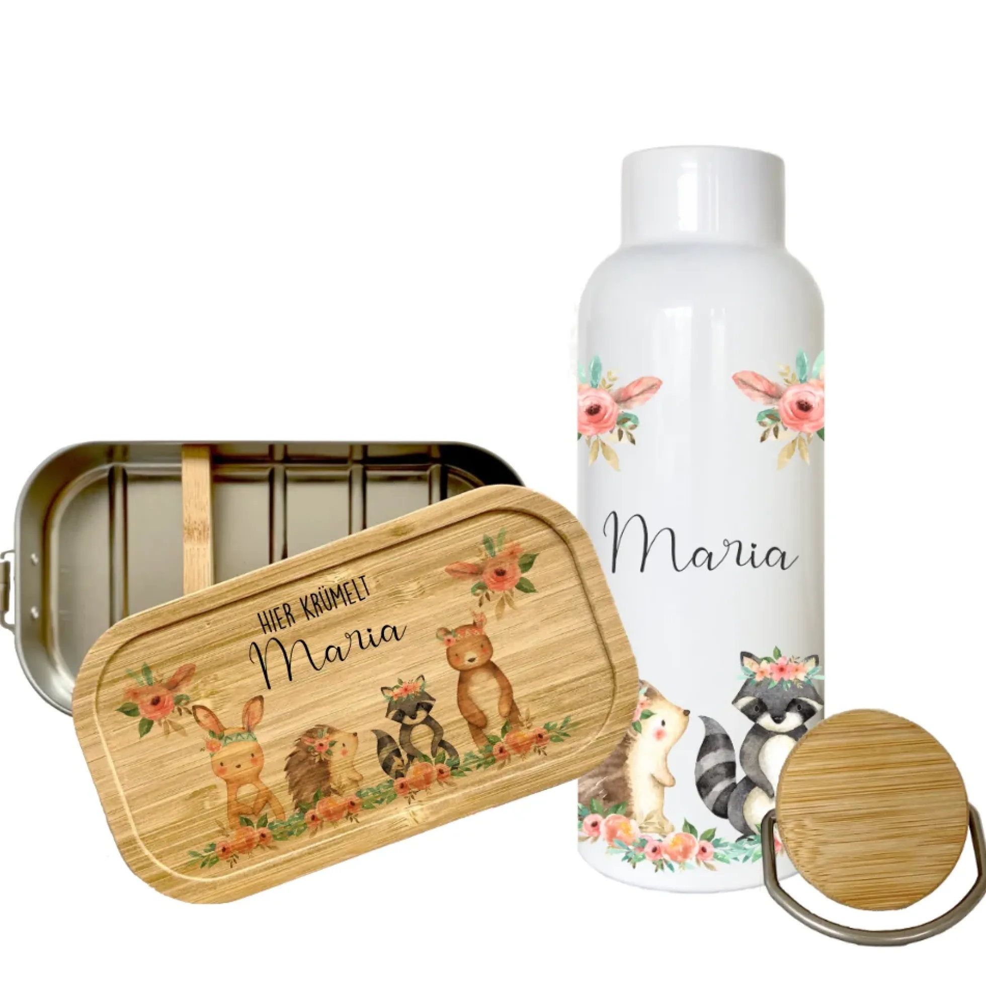 Trinkflasche u. Brotdose "Boho Tiere" mit Namen für Kinder | Personalisiertes Geschenk | 500 ml Wasserflasche aus Edelstahl mit Bambusdeckel