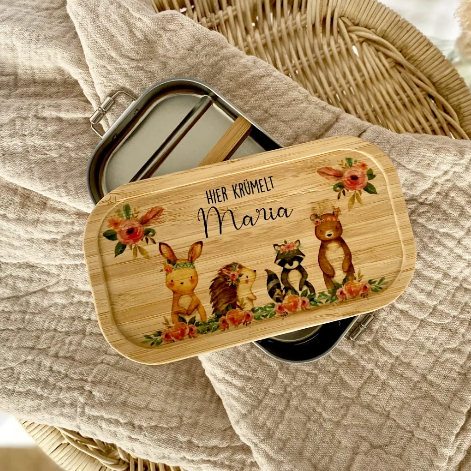 Trinkflasche u. Brotdose "Boho Tiere" mit Namen für Kinder | Personalisiertes Geschenk | 500 ml Wasserflasche aus Edelstahl mit Bambusdeckel