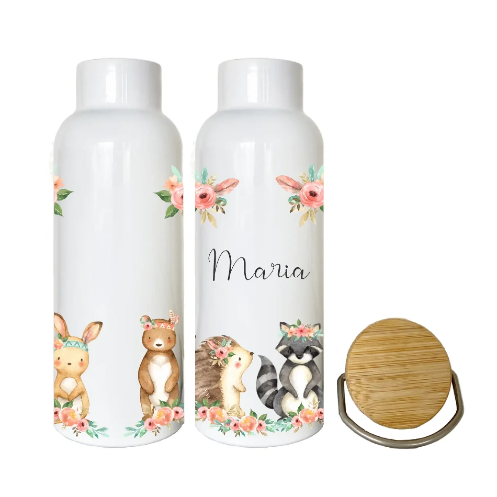Trinkflasche u. Brotdose "Boho Tiere" mit Namen für Kinder | Personalisiertes Geschenk | 500 ml Wasserflasche aus Edelstahl mit Bambusdeckel