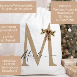 Weihnachtlicher Geschenkbeutel personalisiert mit dem Namen und Buchstaben Weihnachtssack