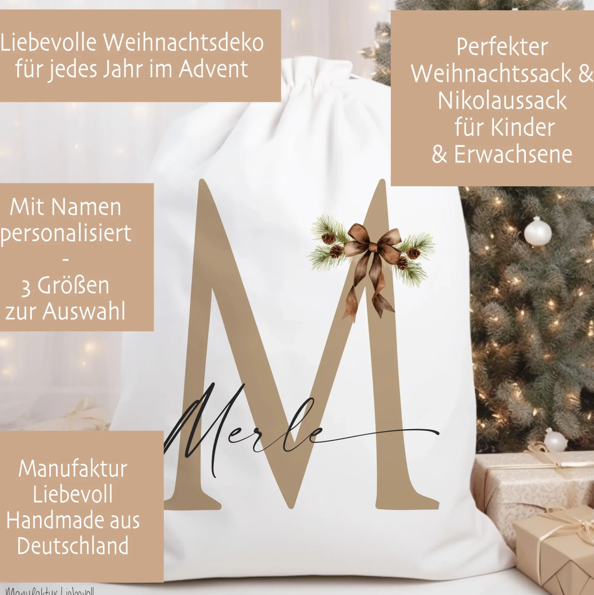 Weihnachtlicher Geschenkbeutel personalisiert mit dem Namen und Buchstaben Weihnachtssack