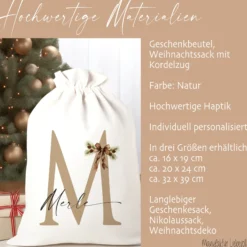 Weihnachtlicher Geschenkbeutel personalisiert mit dem Namen und Buchstaben Weihnachtssack