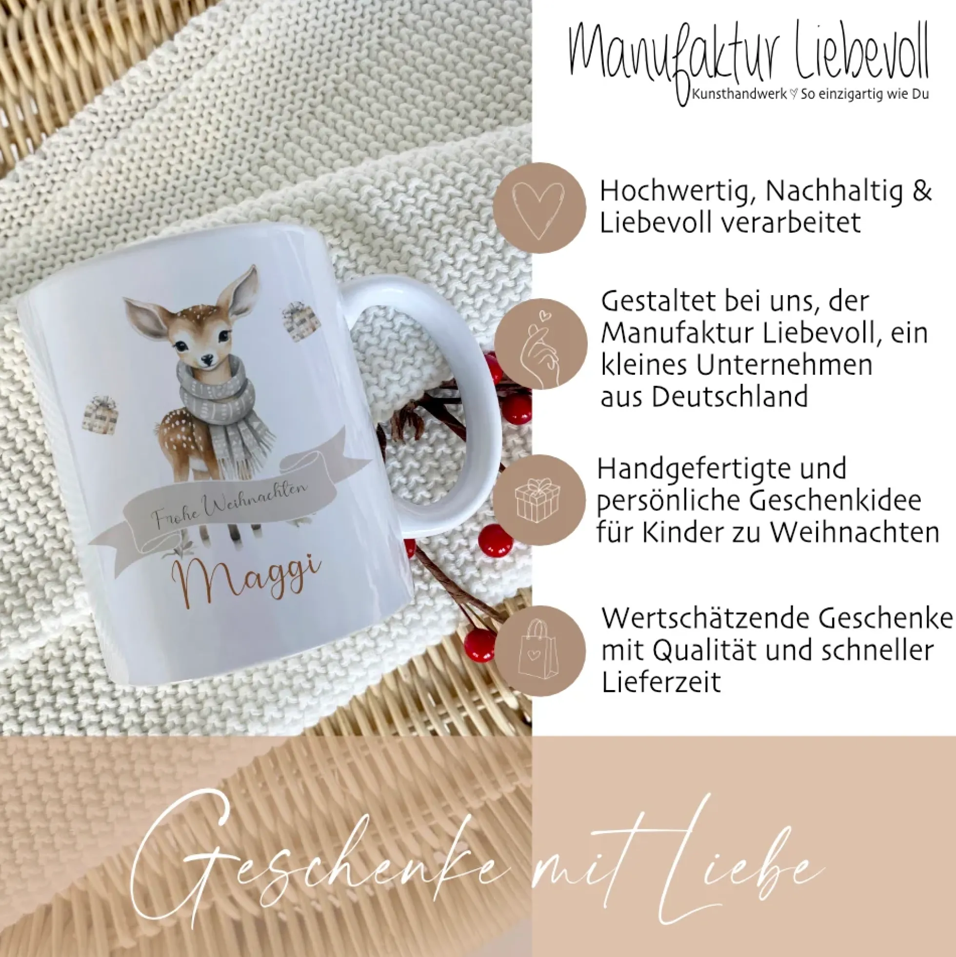Weihnachtliche Tasse für Kinder, Tasse aus Keramik "Frohe Weihnachten" mit Rehkitz und Namen