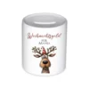Weihnachtsgeld Spardose mit Rentier und dem Namen personalisiert