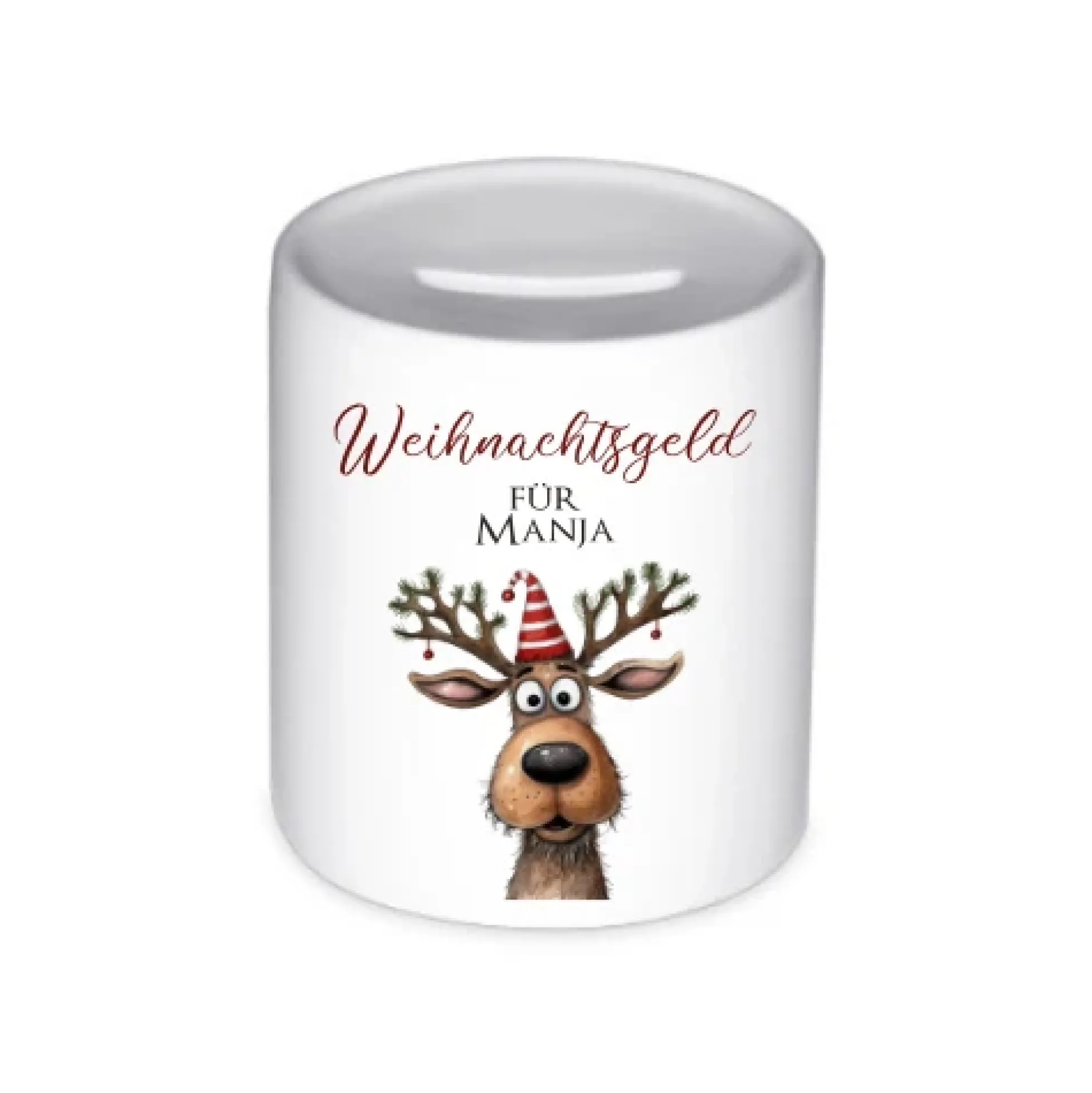 Weihnachtsgeld Spardose mit Rentier und dem Namen personalisiert