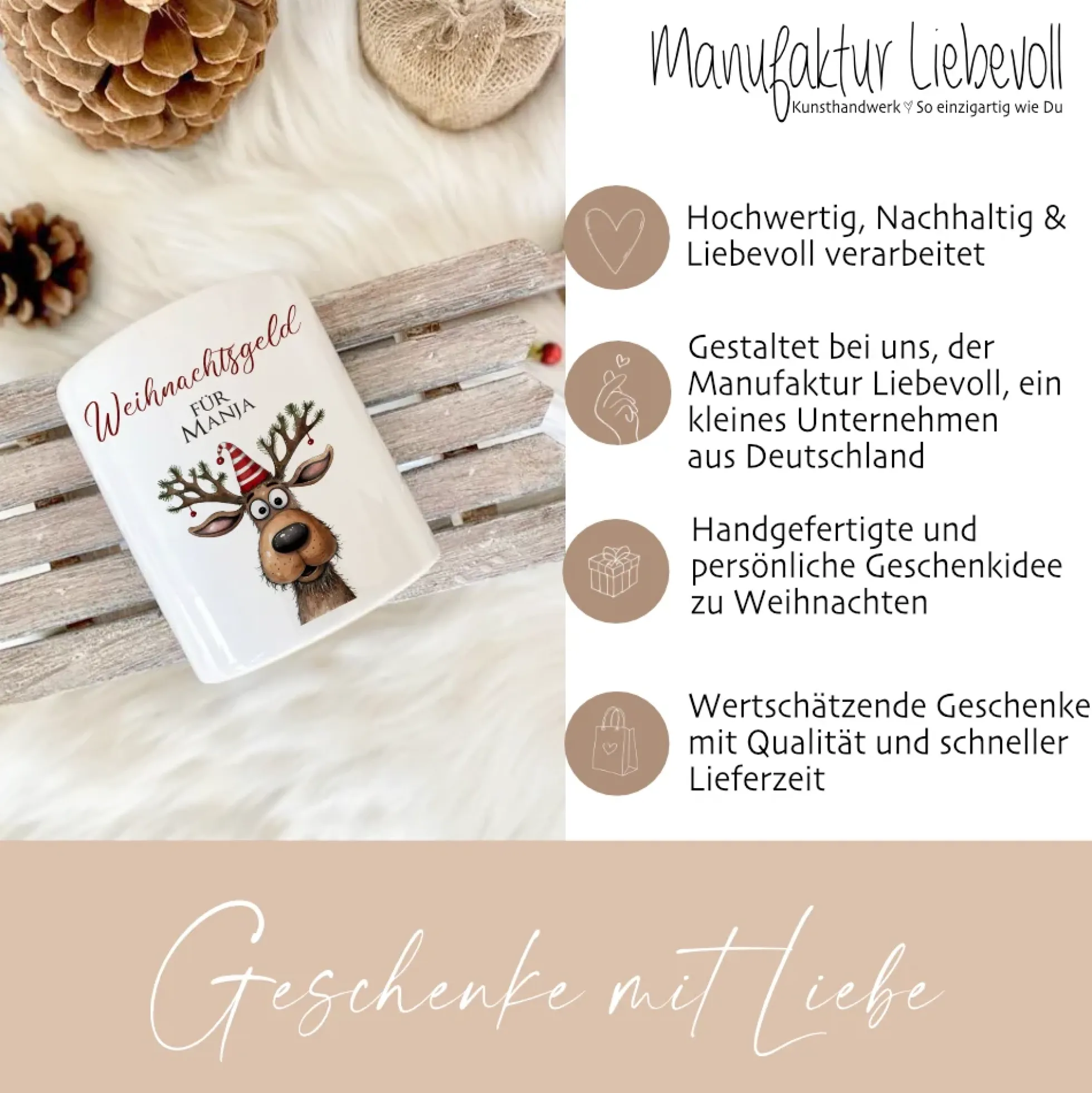 Weihnachtsgeld Spardose mit Rentier und dem Namen personalisiert