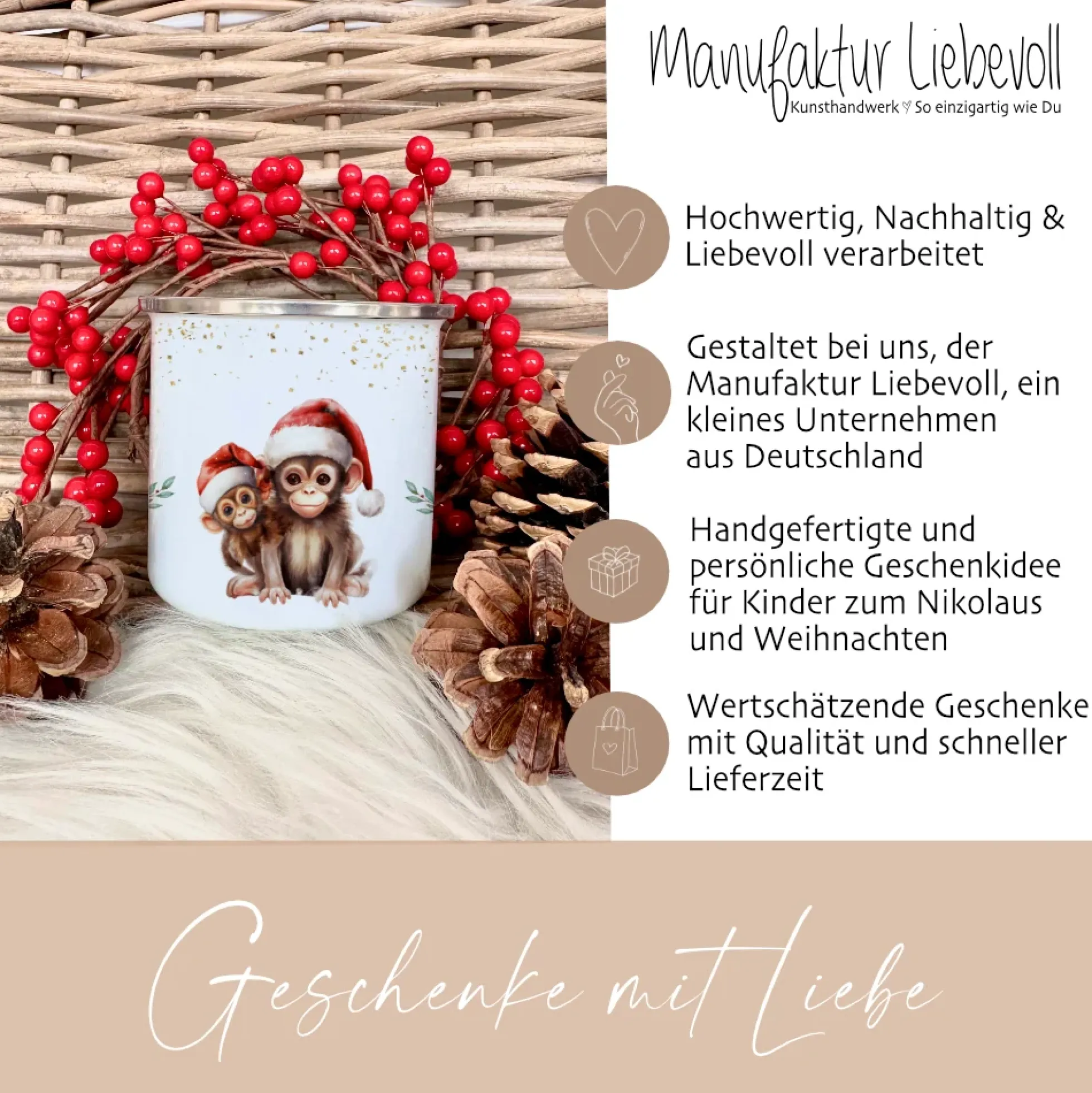 Weihnachtstasse "Affe" für Kinder | Tasse mit Namen personalisiert | Kinderbecher aus Emaille mit Weihnachtsmotiv | Weihnachtsgeschenk Nikolaus für Mädchen Jungen Teenager | 7 Produktvarianten zur Auswahl