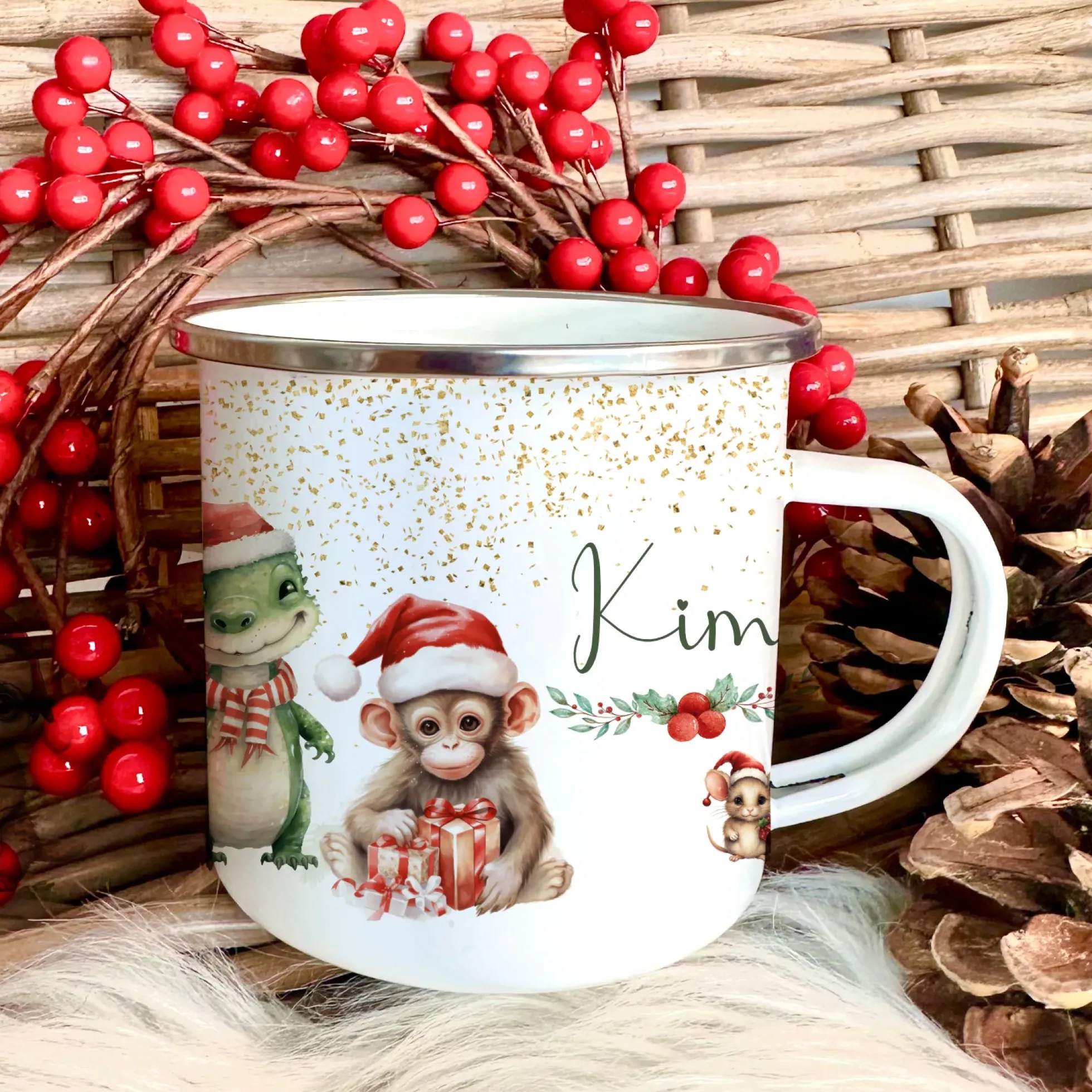 Weihnachtstasse "Affe" für Kinder | Tasse mit Namen personalisiert | Kinderbecher aus Emaille mit Weihnachtsmotiv | Weihnachtsgeschenk Nikolaus für Mädchen Jungen Teenager | 7 Produktvarianten zur Auswahl