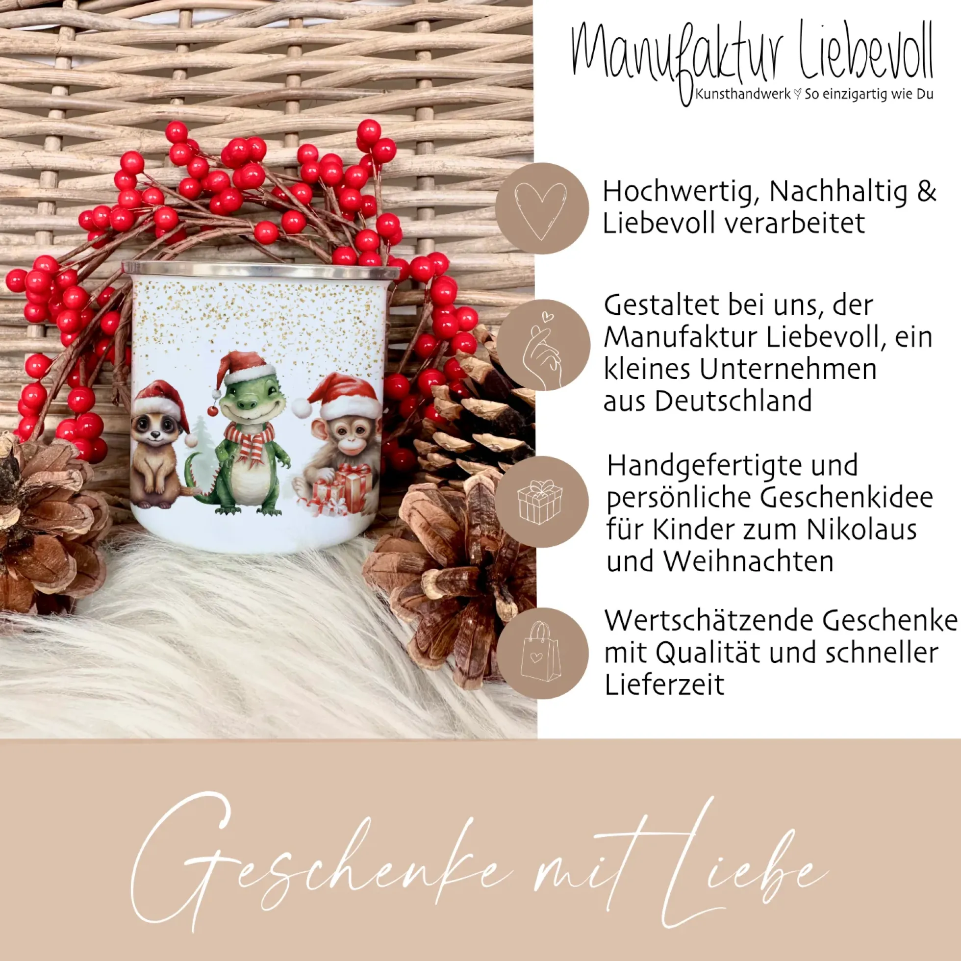 Weihnachtstasse "Tiere" für Kinder | Tasse mit Namen personalisiert | Kinderbecher aus Emaille mit Weihnachtsmotiv | Weihnachtsgeschenk Nikolaus für Mädchen Jungen Teenager | 7 Produktvarianten zur Auswahl