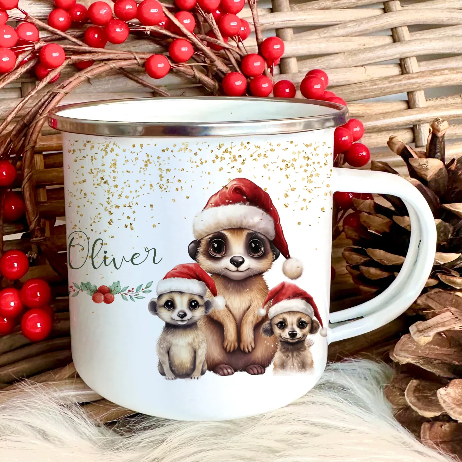 Weihnachtstasse "Tiere" für Kinder | Tasse mit Namen personalisiert | Kinderbecher aus Emaille mit Weihnachtsmotiv | Weihnachtsgeschenk Nikolaus für Mädchen Jungen Teenager | 7 Produktvarianten zur Auswahl