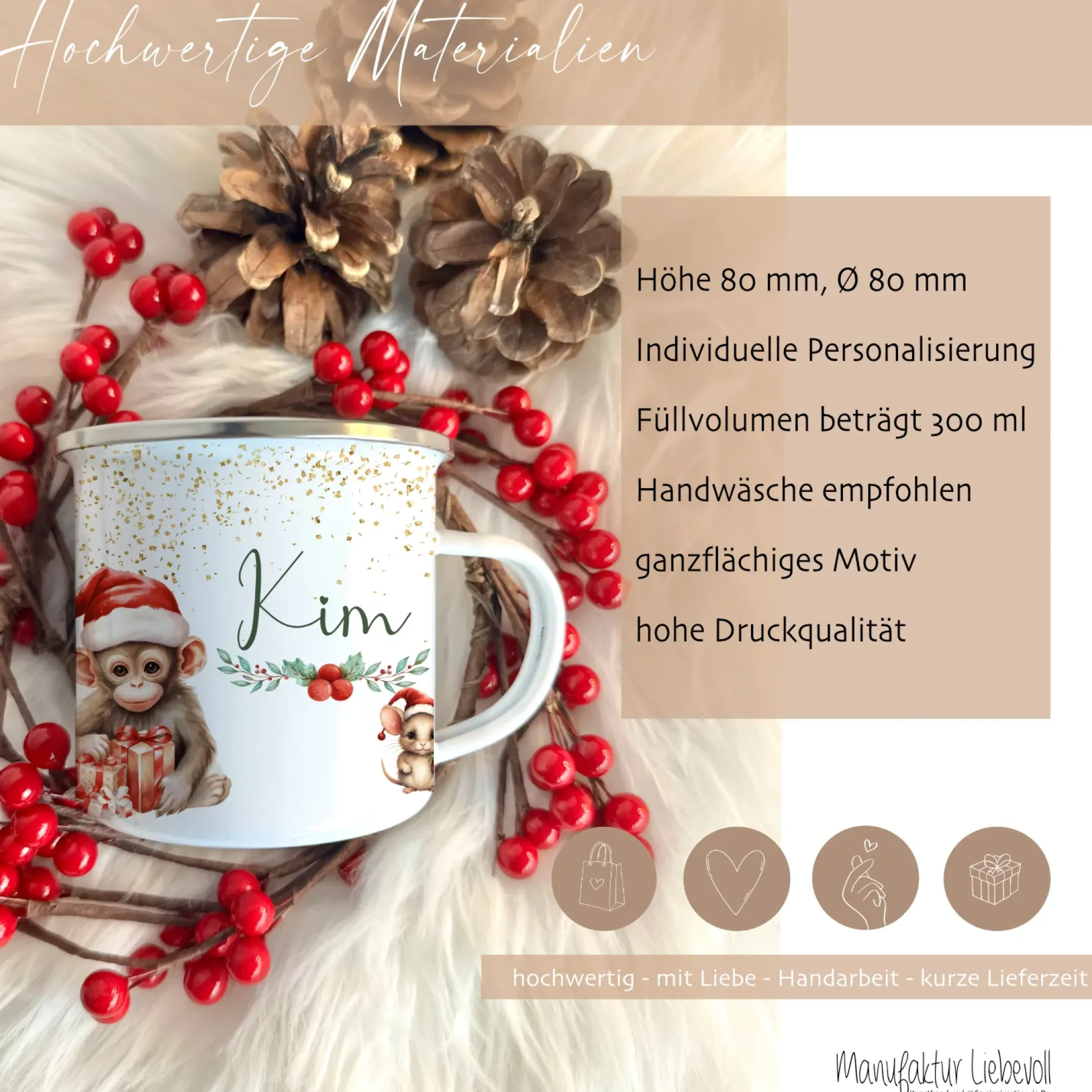 Weihnachtstasse "Tiere" für Kinder | Tasse mit Namen personalisiert | Kinderbecher aus Emaille mit Weihnachtsmotiv | Weihnachtsgeschenk Nikolaus für Mädchen Jungen Teenager | 7 Produktvarianten zur Auswahl