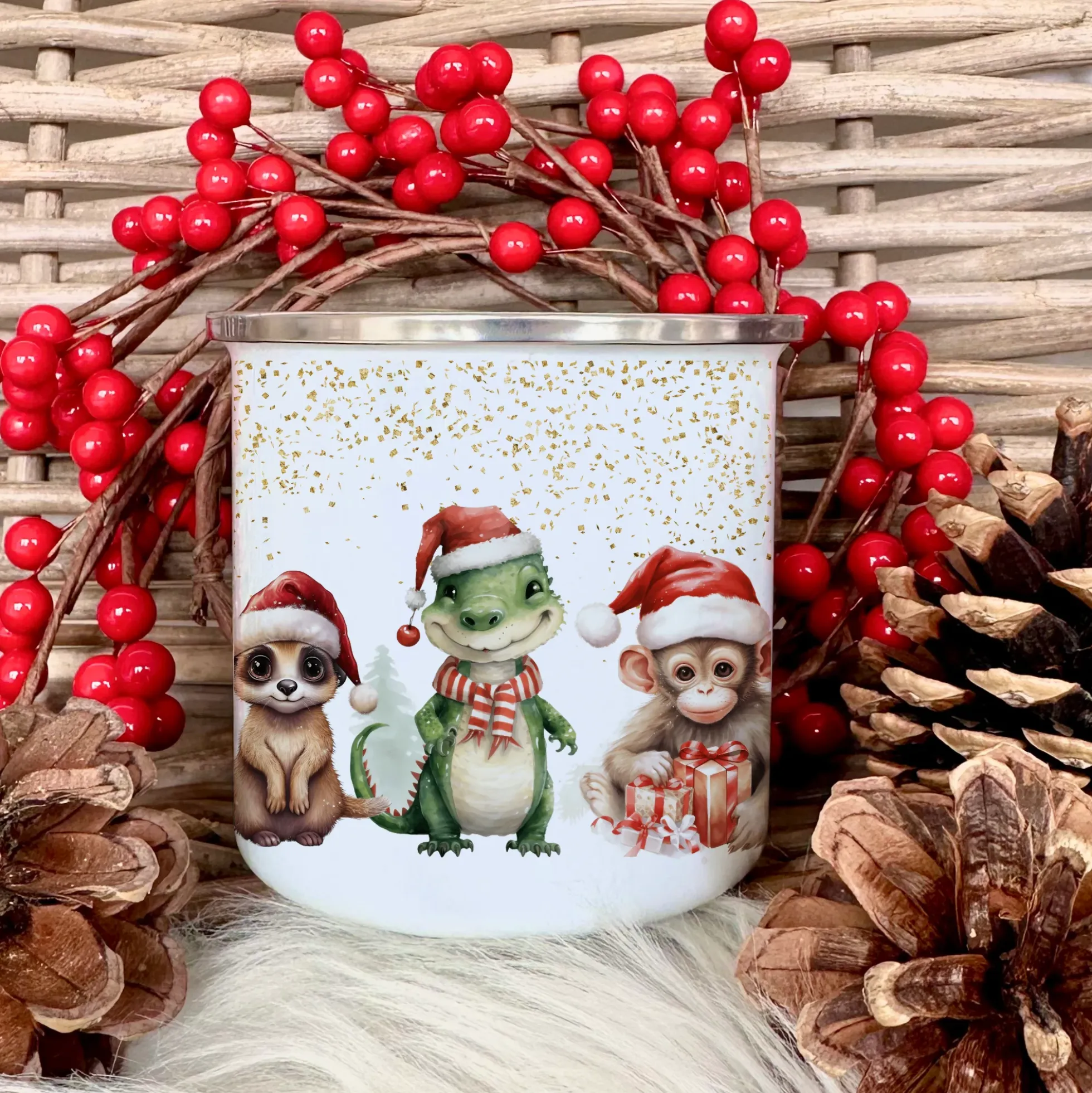 Weihnachtstasse "Tiere" für Kinder | Tasse mit Namen personalisiert | Kinderbecher aus Emaille mit Weihnachtsmotiv | Weihnachtsgeschenk Nikolaus für Mädchen Jungen Teenager | 7 Produktvarianten zur Auswahl