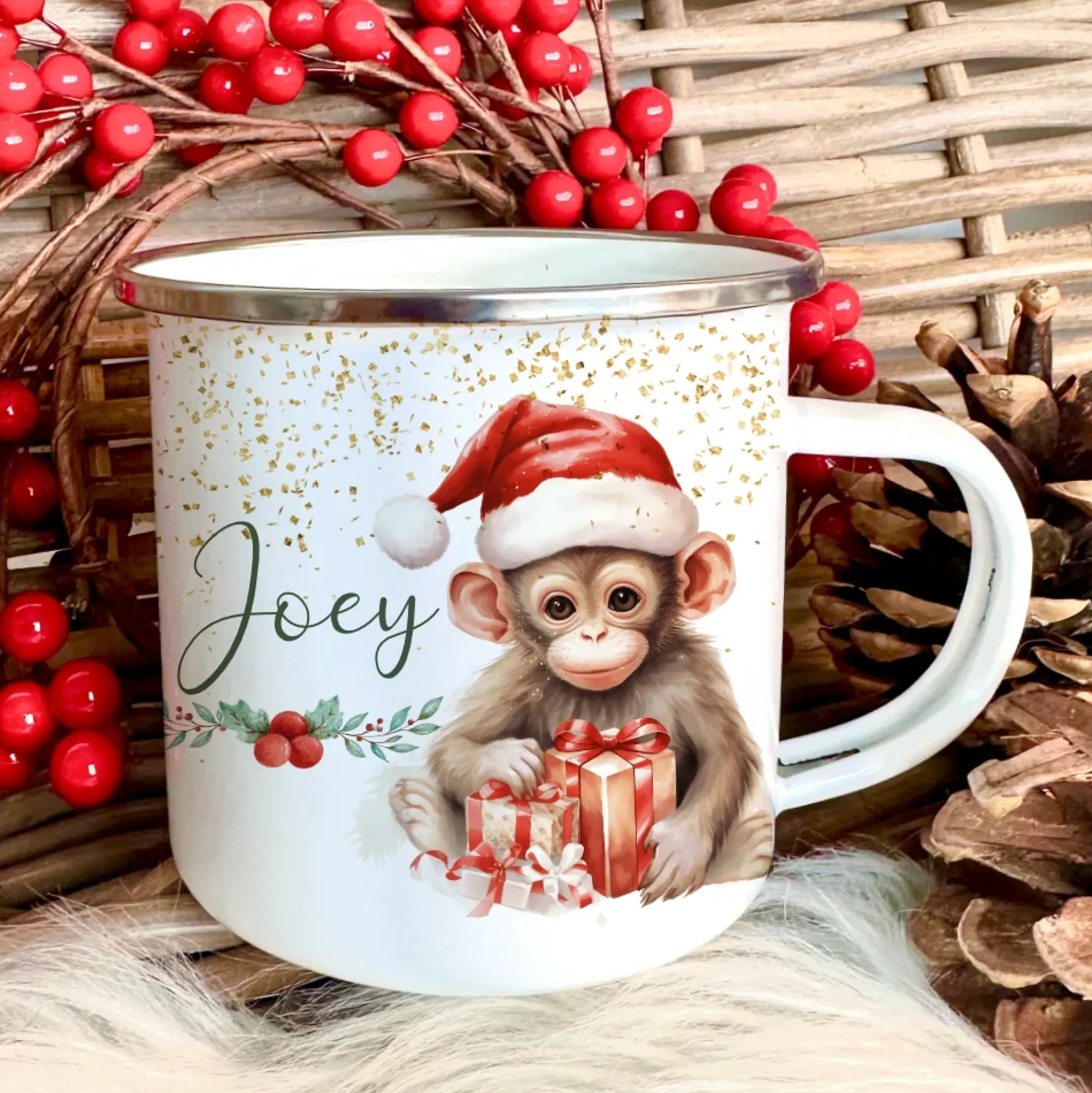 Weihnachtstasse "Tiere" für Kinder | Tasse mit Namen personalisiert | Kinderbecher aus Emaille mit Weihnachtsmotiv | Weihnachtsgeschenk Nikolaus für Mädchen Jungen Teenager | 7 Produktvarianten zur Auswahl
