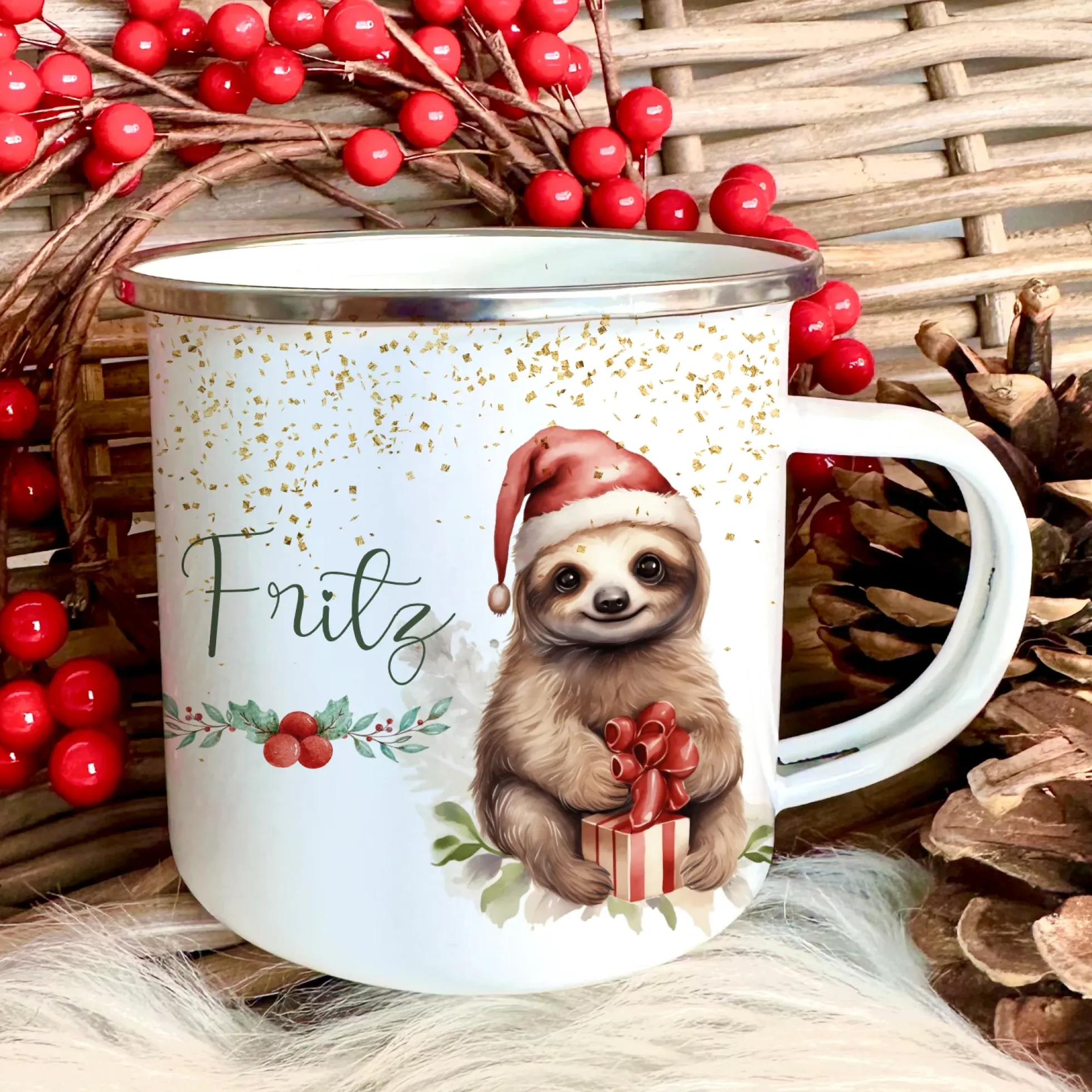 Weihnachtstasse "Tiere" für Kinder | Tasse mit Namen personalisiert | Kinderbecher aus Emaille mit Weihnachtsmotiv | Weihnachtsgeschenk Nikolaus für Mädchen Jungen Teenager | 7 Produktvarianten zur Auswahl