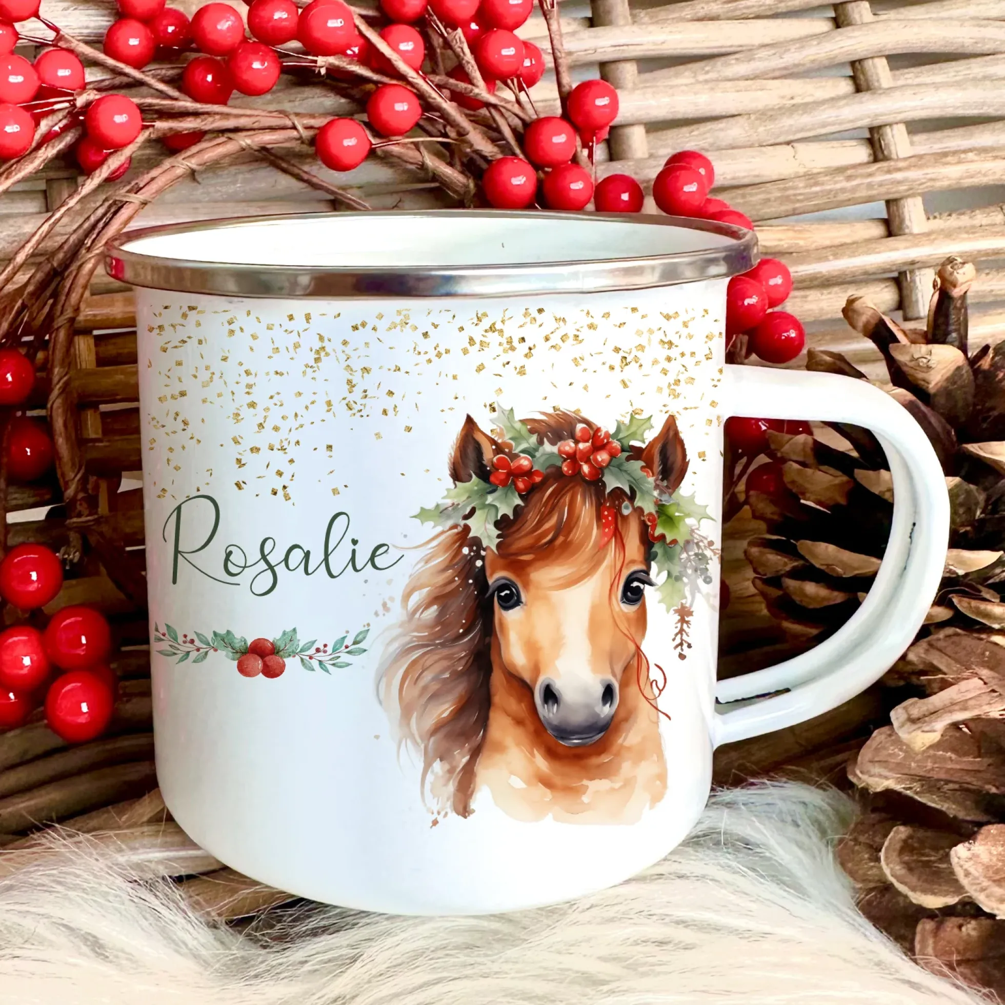 Weihnachtstasse "Tiere" für Kinder | Tasse mit Namen personalisiert | Kinderbecher aus Emaille mit Weihnachtsmotiv | Weihnachtsgeschenk Nikolaus für Mädchen Jungen Teenager | 7 Produktvarianten zur Auswahl