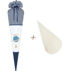 Weltall Schultüte für Jungen | Stoffschultüte zur Einschulung in Blau | Personalisiert mit dem Namen | Optional mit Füllkissen und Spitzenschutz