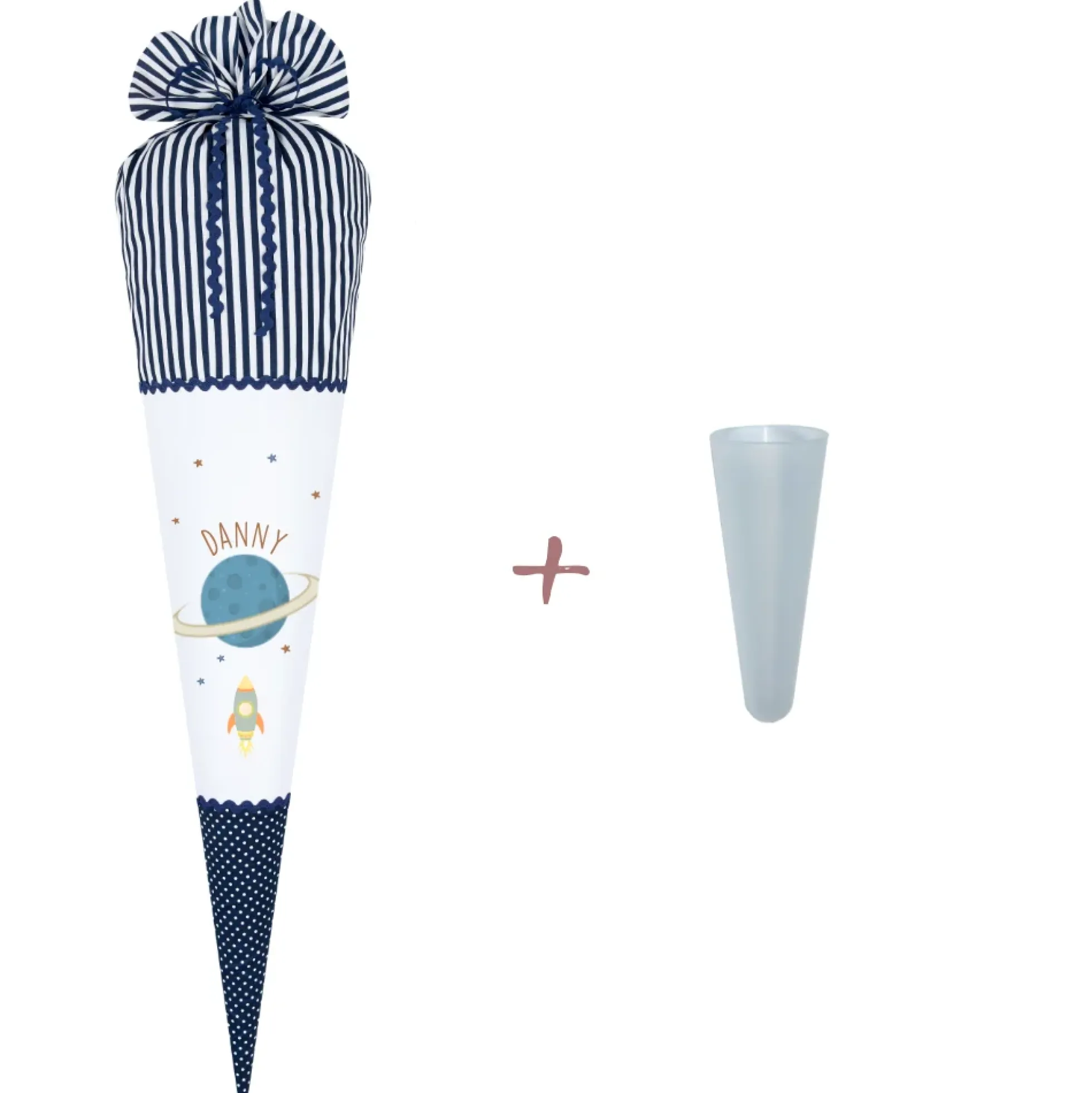 Weltall Schultüte für Jungen | Stoffschultüte zur Einschulung in Blau | Personalisiert mit dem Namen | Optional mit Füllkissen und Spitzenschutz