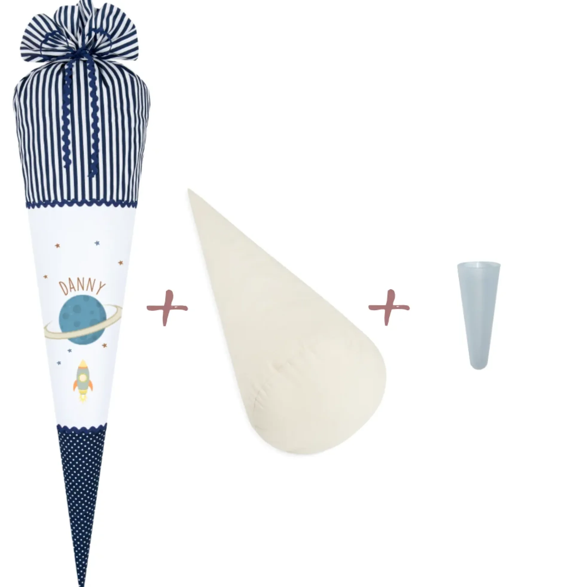 Weltall Schultüte für Jungen | Stoffschultüte zur Einschulung in Blau | Personalisiert mit dem Namen | Optional mit Füllkissen und Spitzenschutz