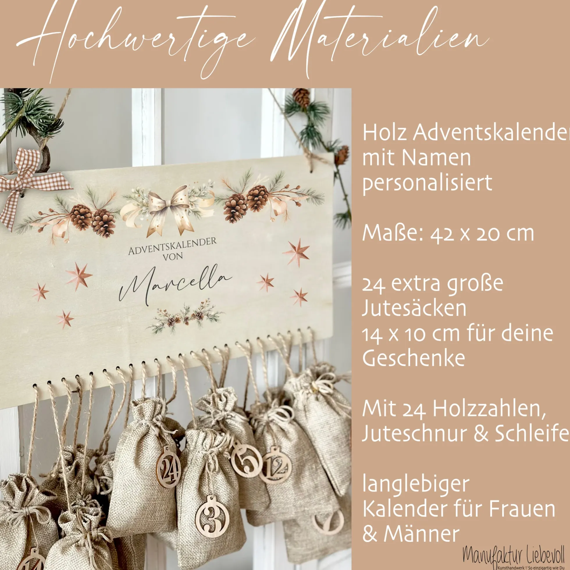 Winterlicher Adventskalender Personalisiert für Männer und Frauen zum Befüllen aus Holz