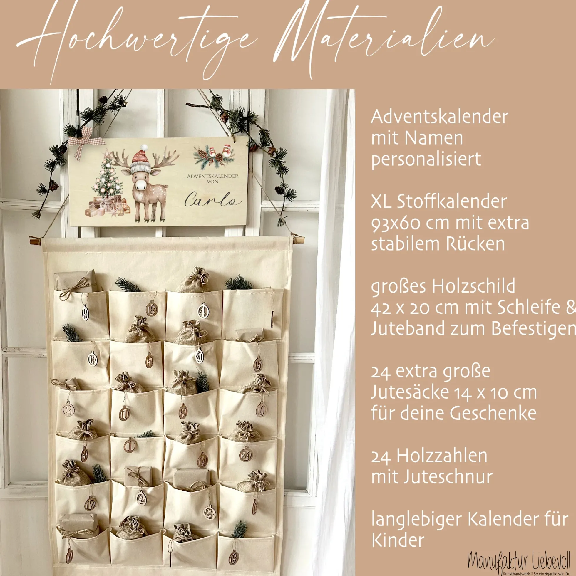 XL Adventskalender "Elch" mit Namen aus Stoff mit Holzschild, Zahlen & Jutesäckchen personalisierter Kinder Adventskalender Befüllen Mädchen Jungen