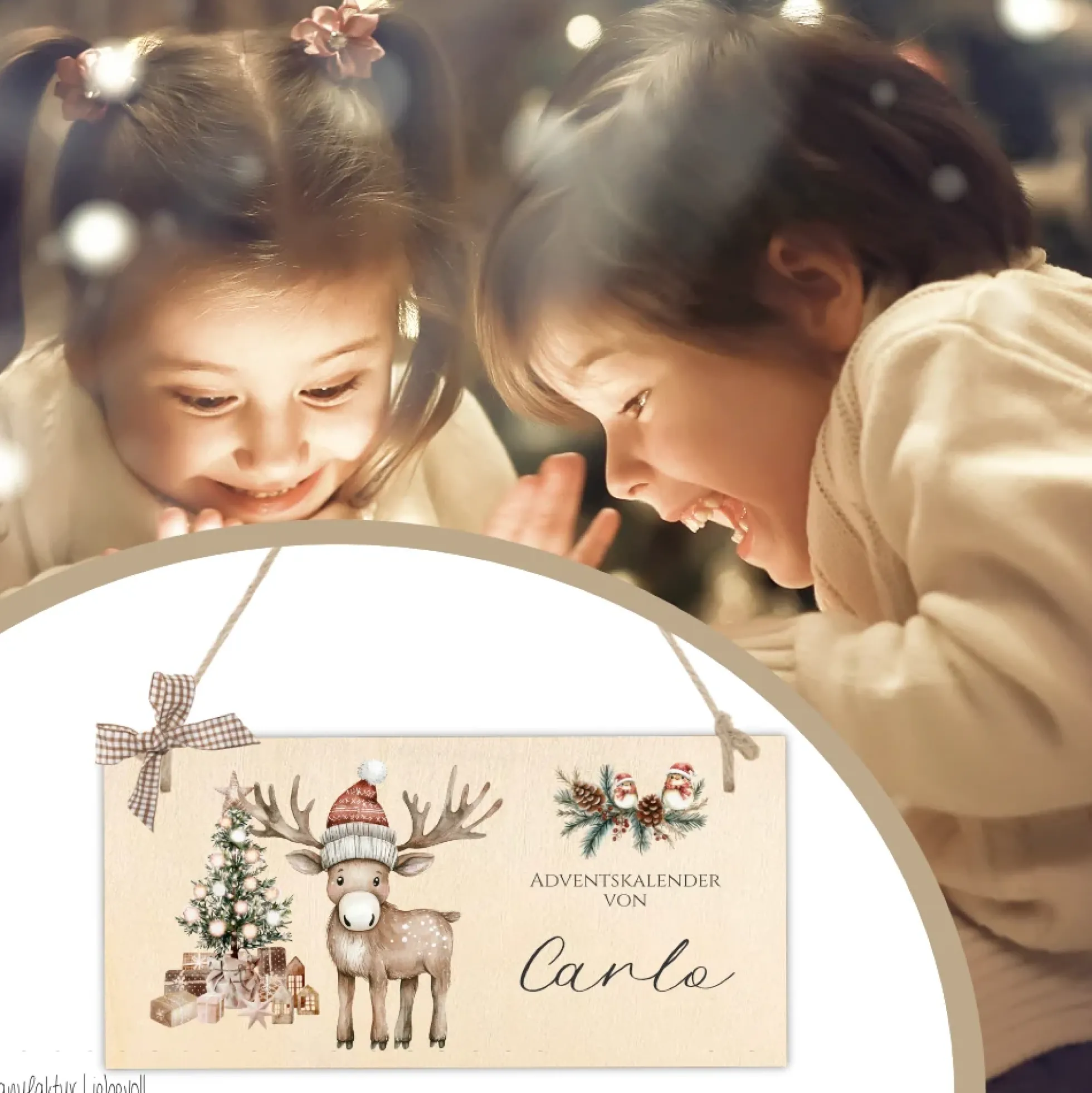 XL Adventskalender "Elch" mit Namen aus Stoff mit Holzschild, Zahlen & Jutesäckchen personalisierter Kinder Adventskalender Befüllen Mädchen Jungen