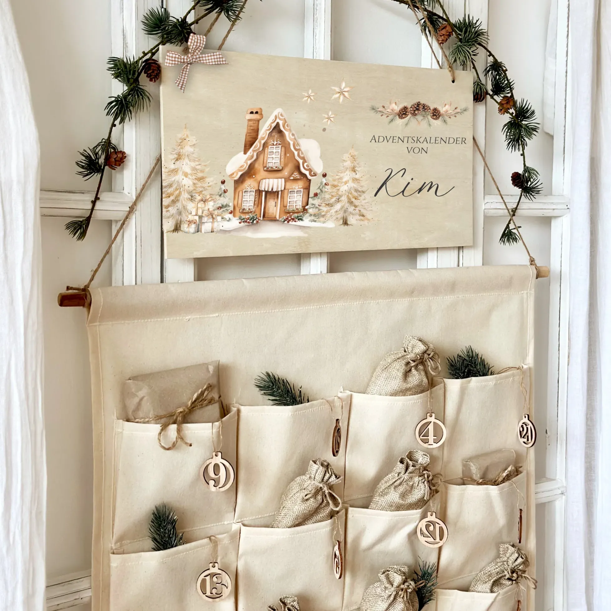 XL Adventskalender "Winterhaus" mit Namen zum Befüllen Stoff Adventskalender Geschenk Weihnachten Frauen Männer
