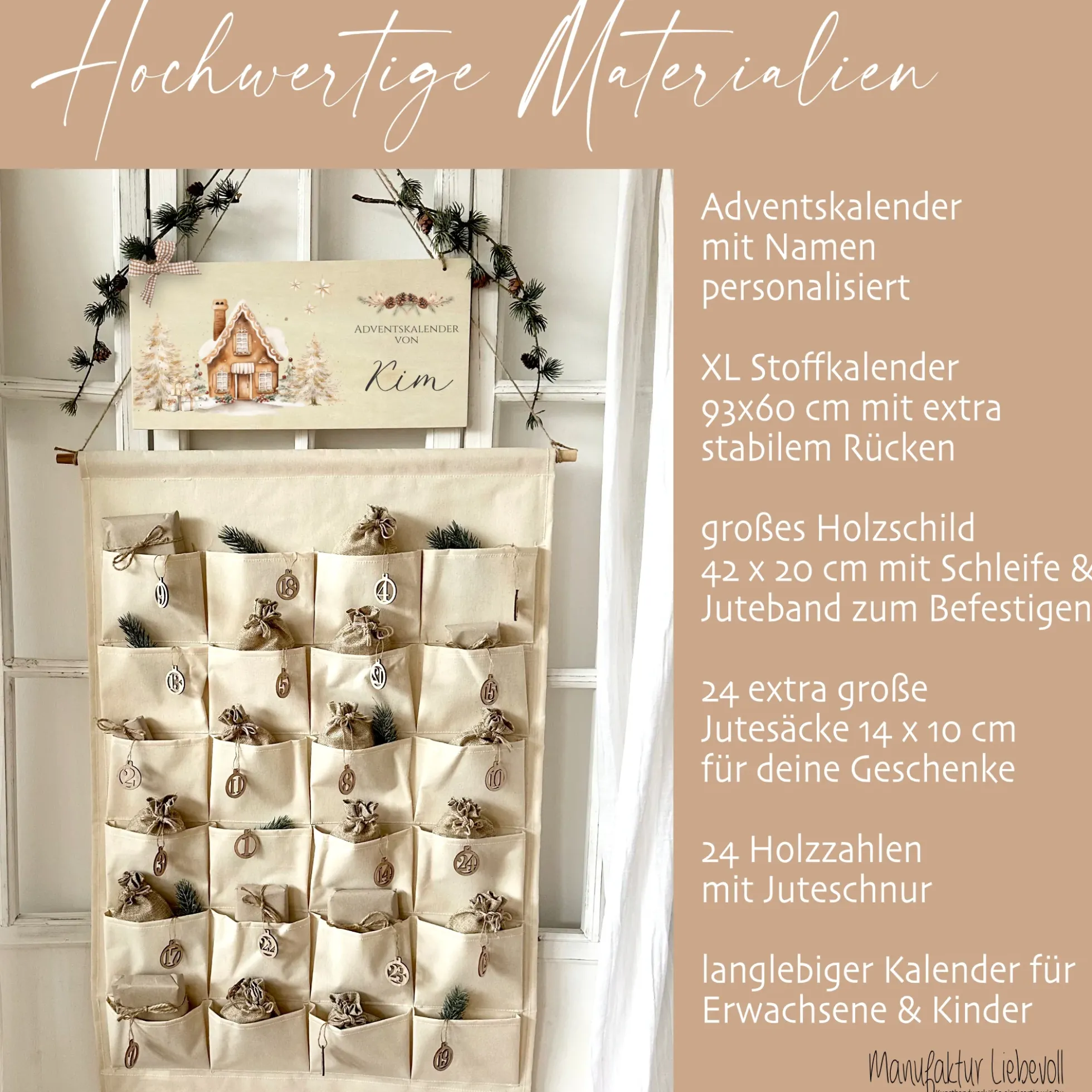 XL Adventskalender "Winterhaus" mit Namen zum Befüllen Stoff Adventskalender Geschenk Weihnachten Frauen Männer