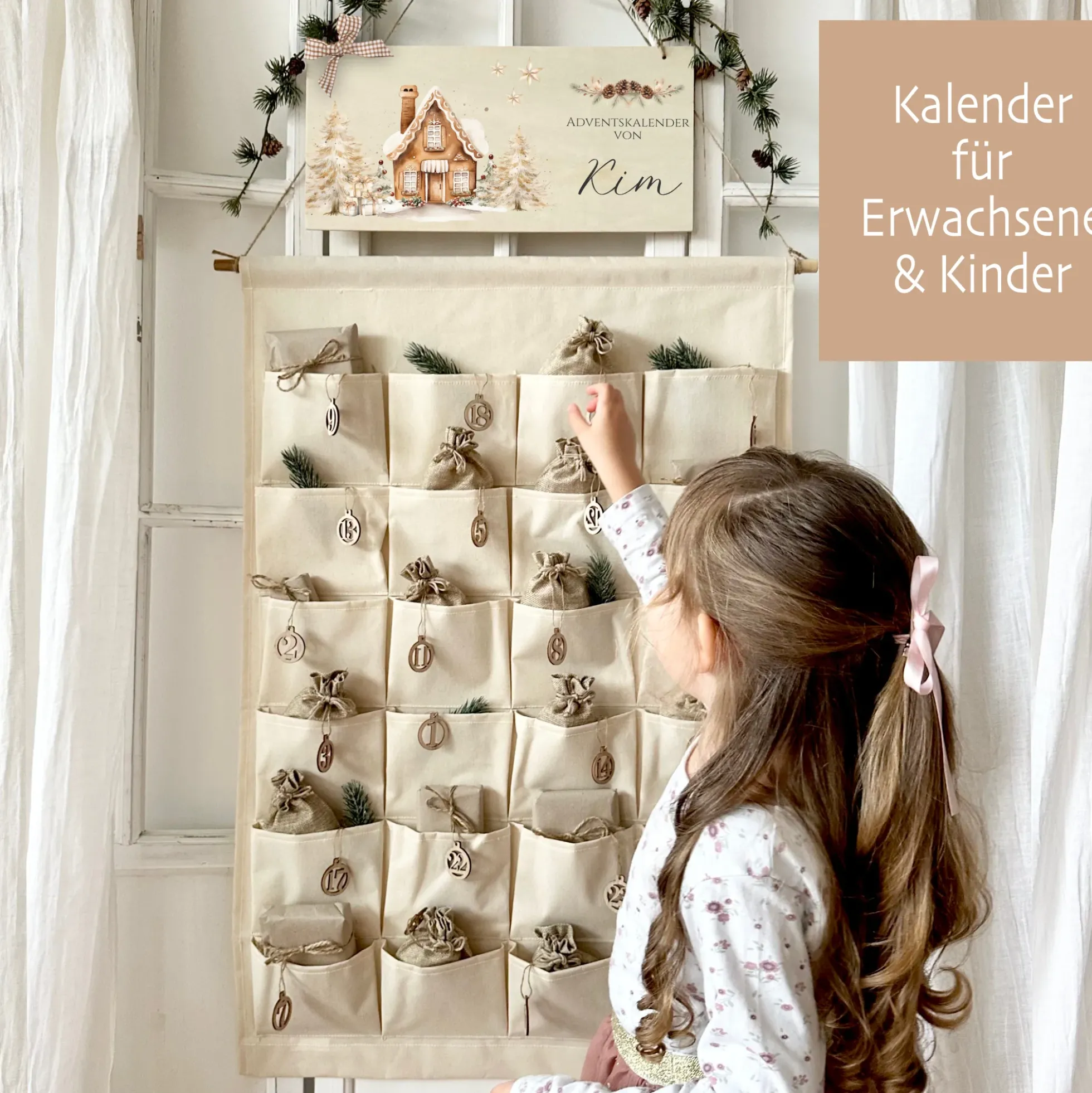 XL Adventskalender "Winterhaus" mit Namen zum Befüllen Stoff Adventskalender Geschenk Weihnachten Frauen Männer