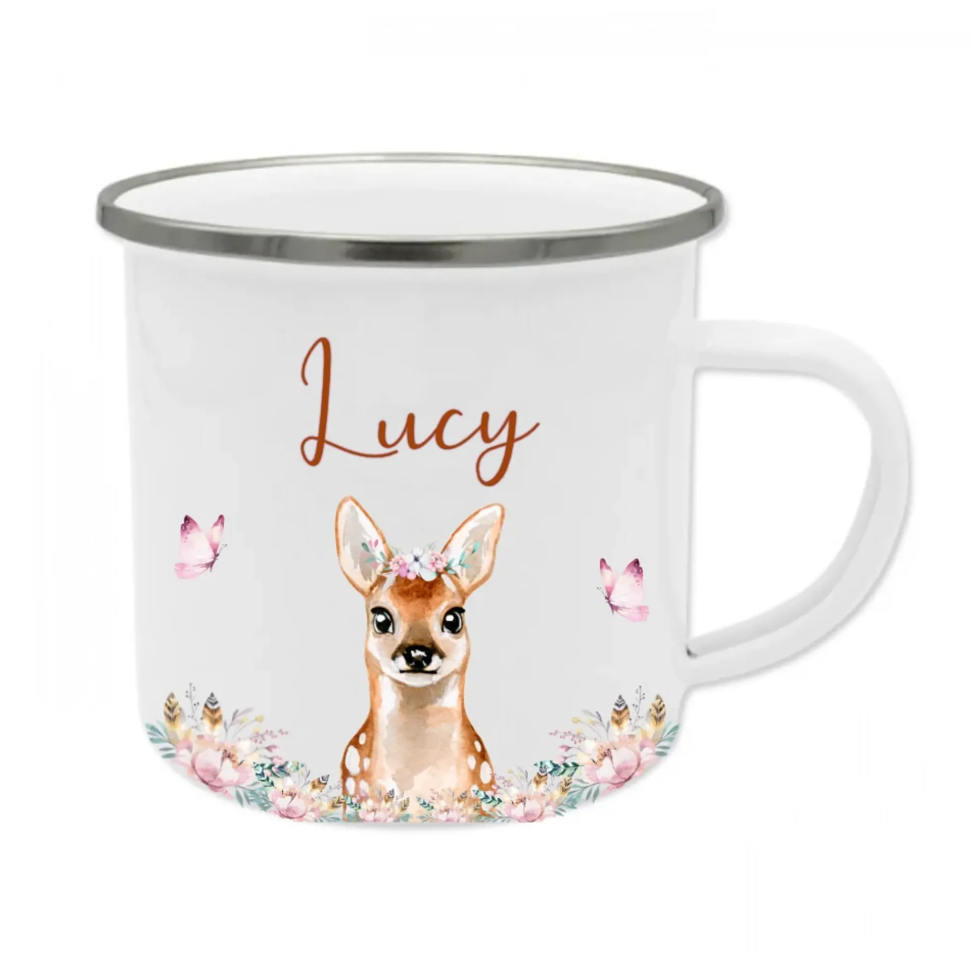 Zauberhafte Einhorn Tasse mit Namen des Kindes | Emaille Trinkbecher für Mädchen I Personalisierte Kindertasse als besonderes Geschenk | 7 Motivvarianten zur Auswahl