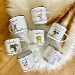 Zauberhafte Einhorn Tasse mit Namen des Kindes | Emaille Trinkbecher für Mädchen I Personalisierte Kindertasse als besonderes Geschenk | 7 Motivvarianten zur Auswahl