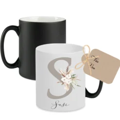 Zaubertasse Magic | Personalisierte Tasse mit Farbwechsel | Geschenk mit Namen u. Buchstaben | Kaffeetasse mit Monogramm für Sie
